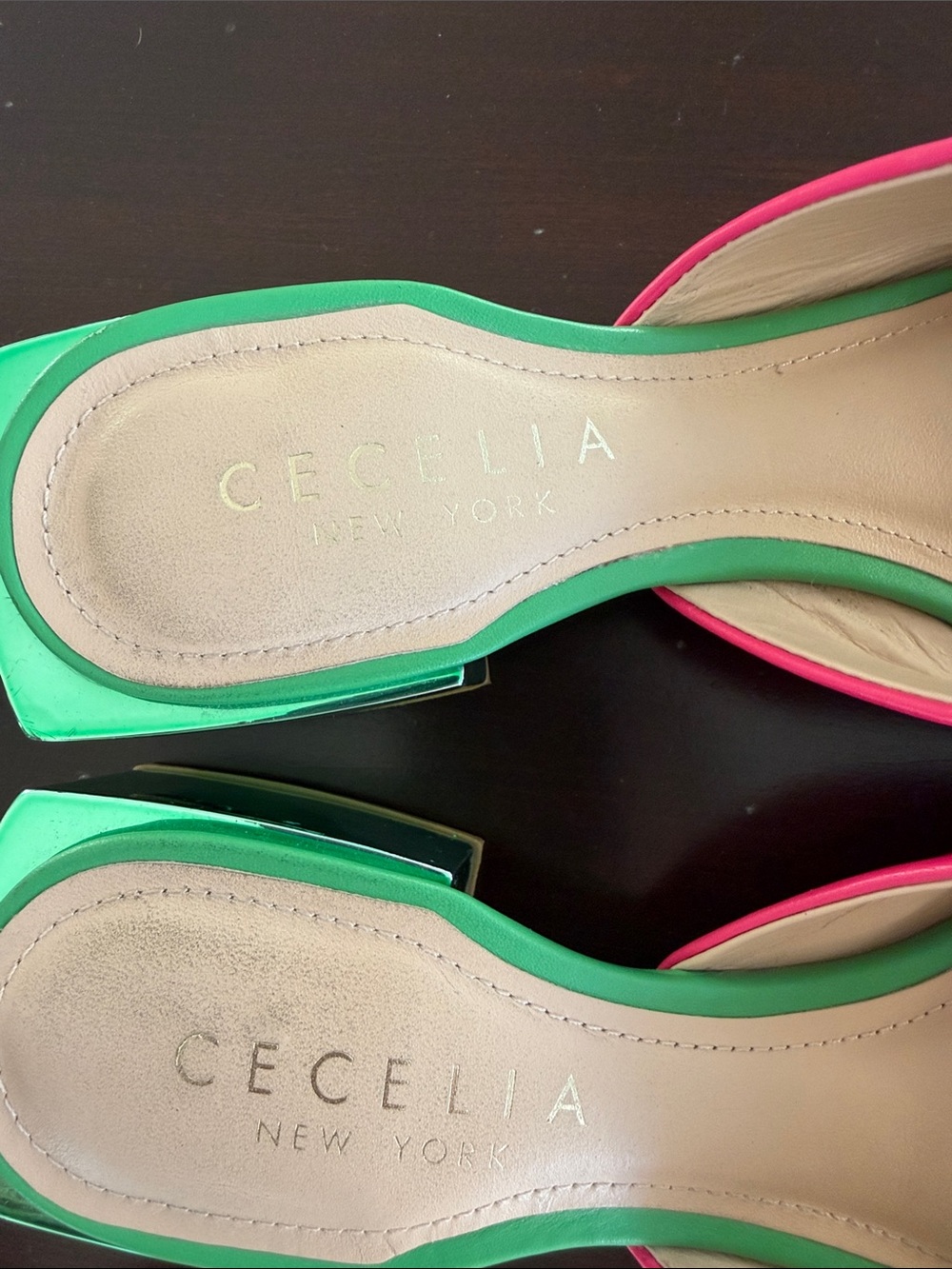 CECELIA NEW YORK Hot Pink and Green Leather Slide Mules - Picture 2 of 9
